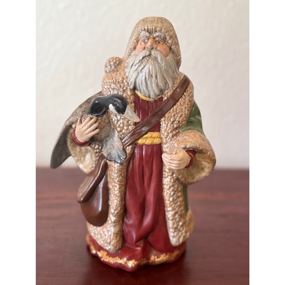 Old World Santa Holding Goose 1990s Resin Holiday Figurine